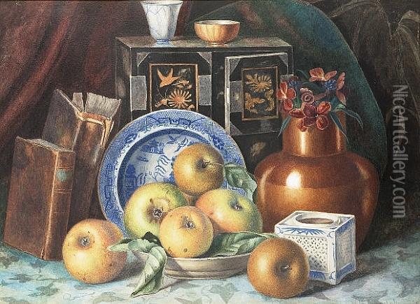 Still Life Of Apples, Books And Blue And White China; Still Life Of Fruit Oil Painting - Walter John Holmes Knewstub