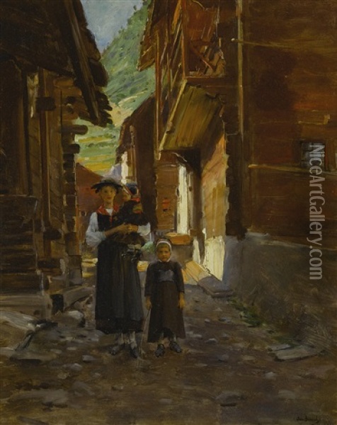 Jeune Femme Et Enfants Dans Un Paysage De Montagne Oil Painting - Jean Beraud