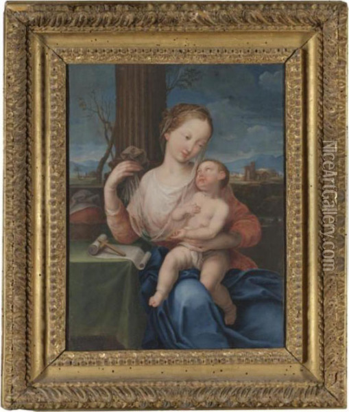 The Madonna And Child Seated Before A Landscape Oil Painting - Giovanni Carnovali Il Piccio
