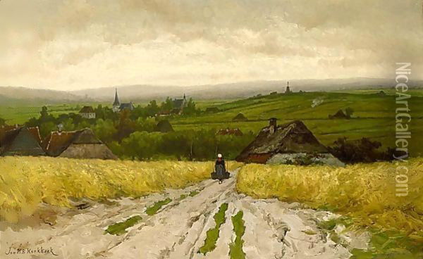 A Peasant Woman On A Path In An Extensive Hilly Landscape Oil Painting - Johannes Hermann Barend Koekkoek
