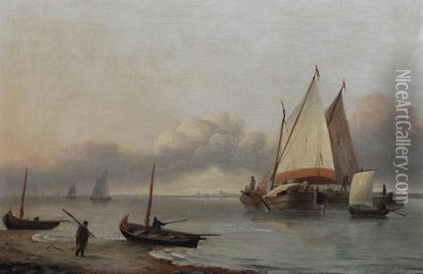 Barges Off Shore Oil Painting - Thomas Luny