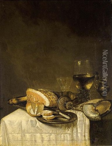 A Still Life With A Nautilus Cup, A Roemer, A Wineglass, A Ham, Bread And A Knife On Pewter Plates Together With A Silver Gilt Mustard Jar, All On A Table Draped With A White Tablecloth Oil Painting - Willem Claesz Heda