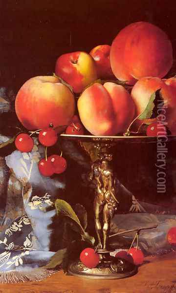 A Still Life with Peaches, Plums and Cherries Oil Painting - Blaise Alexandre Desgoffe
