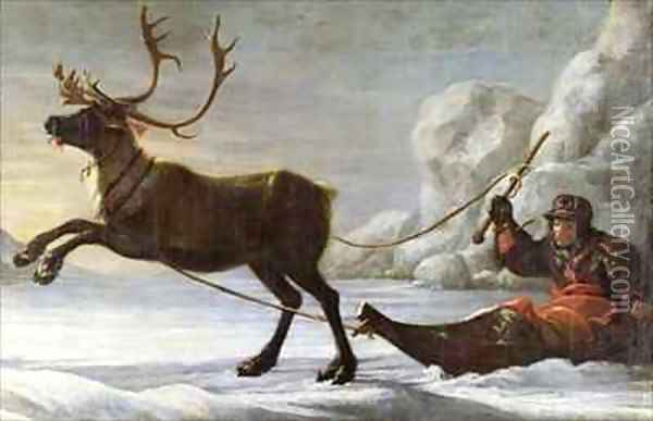 Abraham Renstirna Dressed as a Lapp and his Reindeer Oil Painting - David Klocker Ehrenstrahl