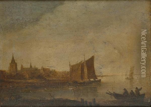 Vessels On An Estuary Beside A Village Oil Painting - Jan van Goyen