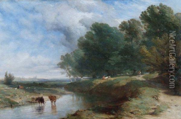 Landscape Showing Cattle Resting Oil Painting - Henry Thomas Dawson