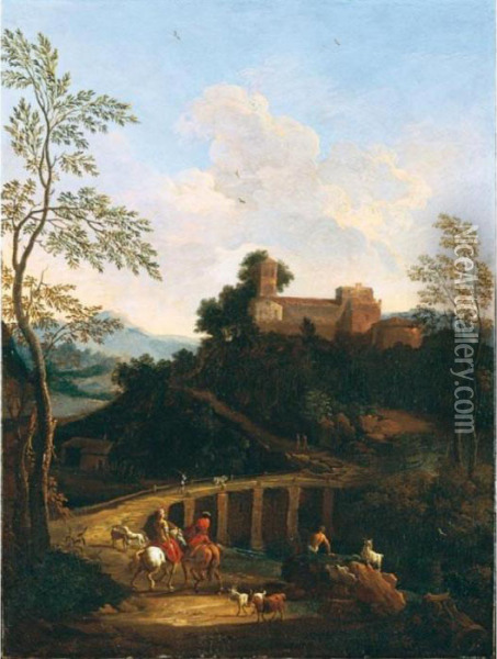 Paesaggio Romano Nei Pressi Di Un Fiume Con Ponte E Cavalieri Oil Painting - Jan Frans Van Bloemen (Orizzonte)