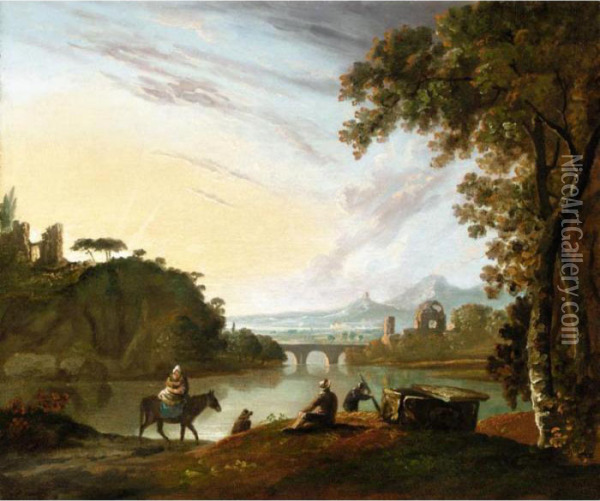 Travellers Resting By A Tomb Beside A Lake In A Classical Landscape Oil Painting - Richard Wilson