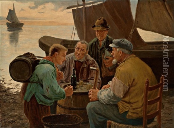 Abendliche Kustenlandschaft Mit Fischern Und Seebaren Im Gesprach Oil Painting - Wilhelm Giessel