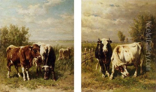 Cows In A Sunlit Riverlandscape Oil Painting - Johannes Hubertus Leonardus de Haas