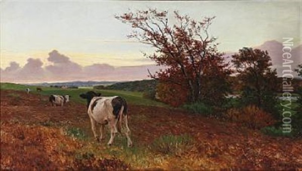 Cows In The Field At Sunset Oil Painting - Poul Steffensen