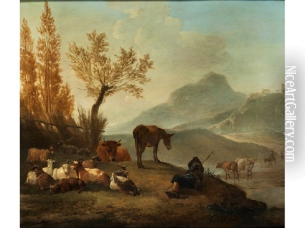 Bergige Landschaft Mit Rastendem Hirten Oil Painting - Willem Romeyn