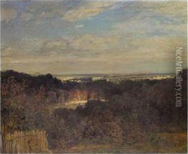 Panoramic Landscape With A View Of A Distant City Oil Painting - Constant Troyon