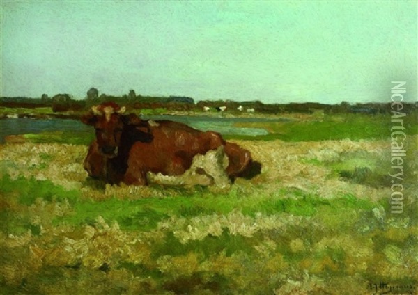Weidelandschaft Mit Kuh Oil Painting - Adriaan Josef Heymans