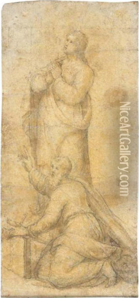 Saint Jean-baptiste En Priere Avec Un Saint Agenouille Appuye Surun Livre Oil Painting - Bernardino Campi