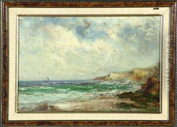 12in. X 17 1/2in. A Sunny 
Coastal Scene With A Sailing Boat In The Middle Distance Signed Oil Painting - John Falconar Slater