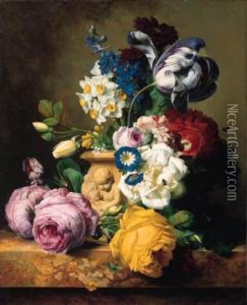 Roses, Tulips, Morning Glory, Delphinium And Primrose Peerless In Aterra Cotta Vase On A Marble Ledge Oil Painting - Charles Node-Veran