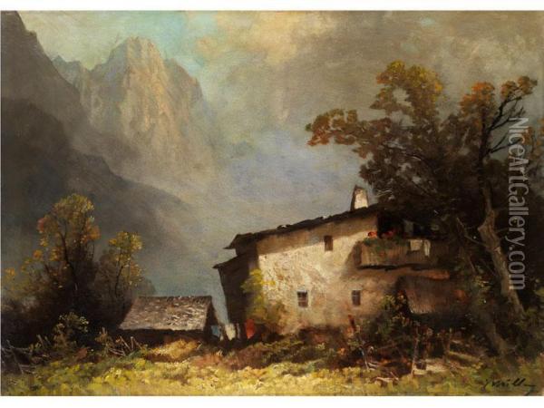 Bauernhaus Mit Balkon Und Nebengebaudehinter Baumen In Den Alpen Oil Painting - Oskar Mulley