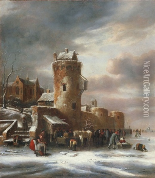 Winterlandschaft Mit Einem Befestigten Stadtchen Am Kanalufer Und Eislaufern Oil Painting - Nicolaes Molenaer