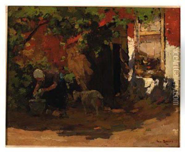A Washer Woman In A Sunlit Courtyard Oil Painting - Willem de Zwart