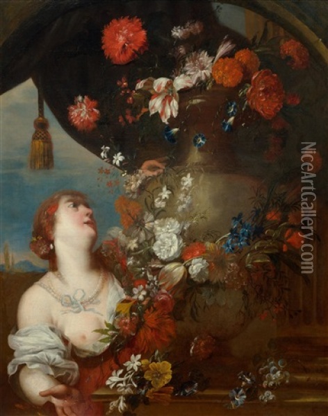 A Figure With A Bouquet Of Flowers Oil Painting - Abraham Brueghel
