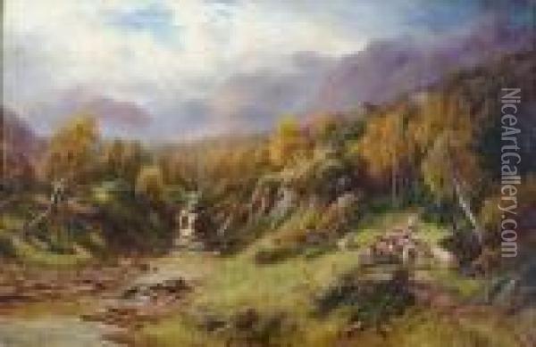 Sheep By A Moorland Stream Oil Painting - William Langley