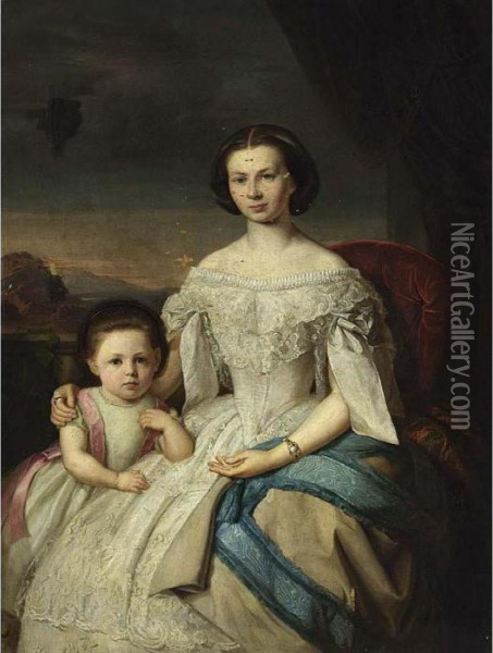 A Selfportrait Of The Artist, Seated Three-quarter Length, Wearing A White Dress, Together With Her Daughter Marie Oil Painting - Rosa Heymann-Figdor
