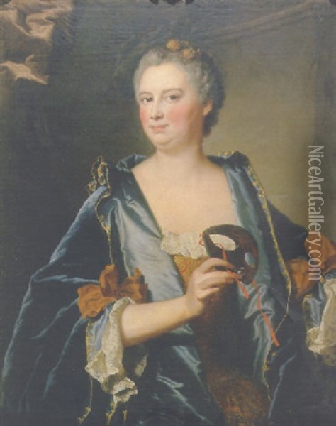 Portrait Of Madame Grimond De La Reyniere, Nee Marie-madeleine Mazade In A Blue Velvet Cloak Holding A Costume Mask Oil Painting - Hyacinthe Rigaud