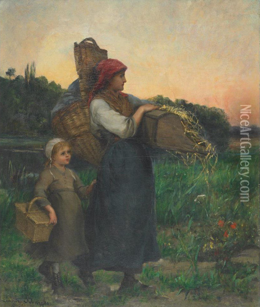 Mother And Young Girl Returning From Market Oil Painting - Pauline Elise Borges