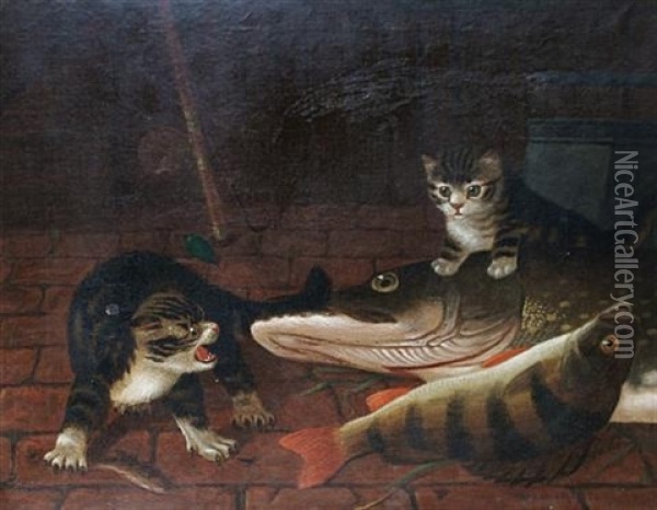 In The Pantry - Two Cats With A Pike And Perch Oil Painting - A. Roland Knight