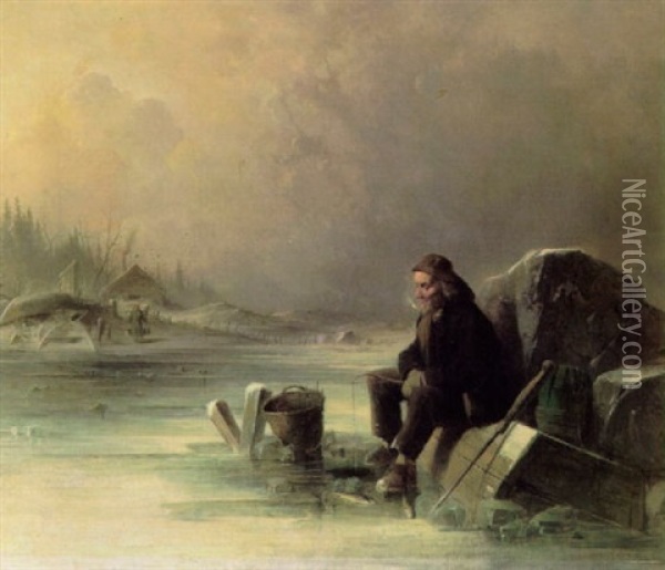Talvikalastusta Oil Painting - Anders Gustav Koskull