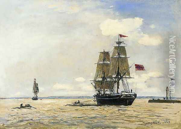 Norwegian Naval Ship Leaving The Port Of Honfleur Oil Painting - Johan Barthold Jongkind