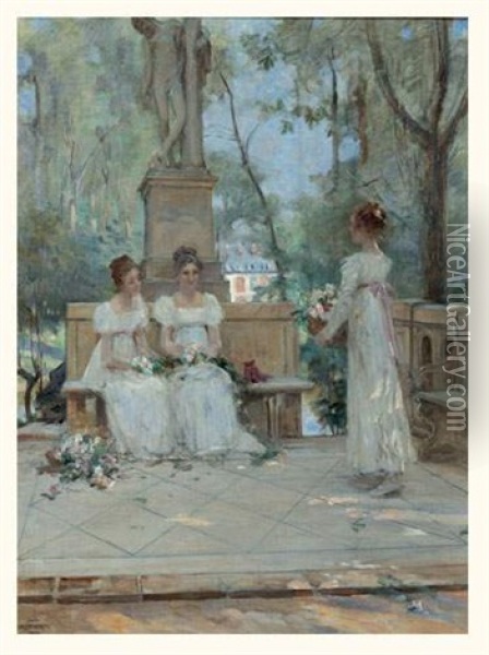 Elegantes Sur Une Terrasse Oil Painting - Adrien Moreau