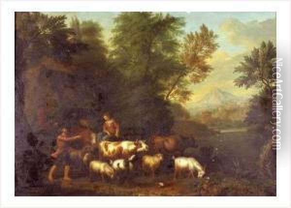 Couple De Bergers Et Leur Troupeau Dans Un Paysage Boise Oil Painting - Willem Romeyn