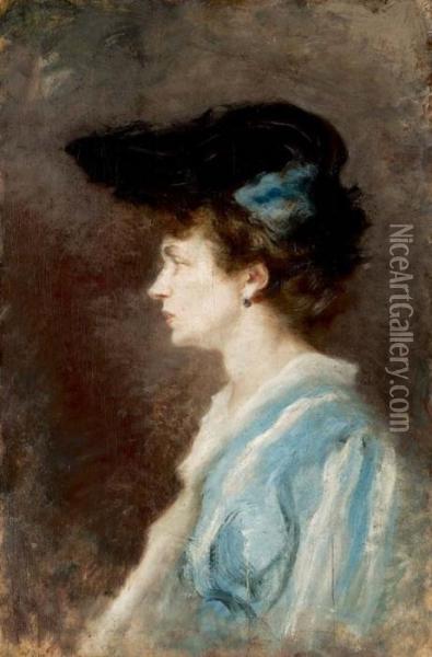 Ritratto Di Signora Di Profilo In Azzurro Con Cappello - 1903 Oil Painting - Pompeo Mariani