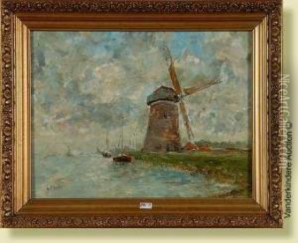 Paysage Hollandais Au Moulin Oil Painting - Gustave Flasschoen