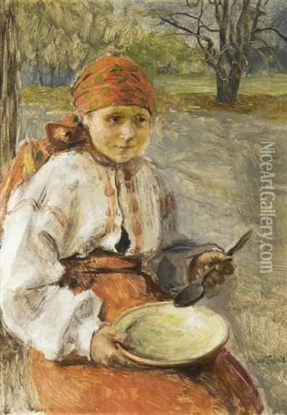Girl With A Dish Oil Painting - Teodor Axentowicz