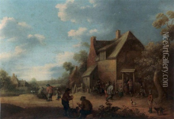 A Landscape With Figures And Dogs Near A Tavern Oil Painting - Joost Cornelisz. Droochsloot
