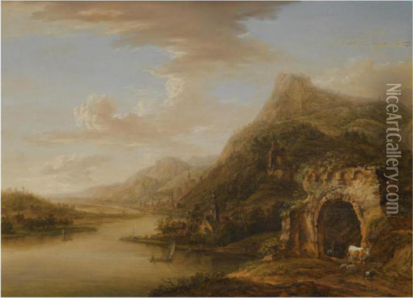 An Extensive Rhenish Landscape With A Ruined Arch In Theforeground Oil Painting - Christian Georg Ii Schuz