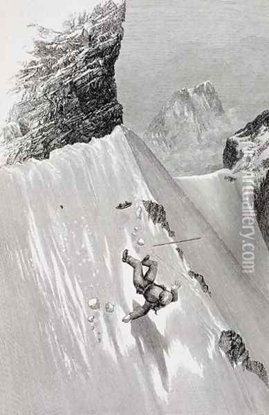 In Attempting to Pass the Corner I Slipped and Fell from The Ascent of the Matterhorn by Edward Whymper, published 1860s-80s Oil Painting - Edward Whymper