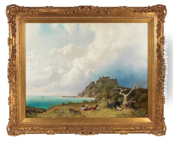 Coastal Scene With Figures, A Castle Beyond Oil Painting - Eugen Krueger