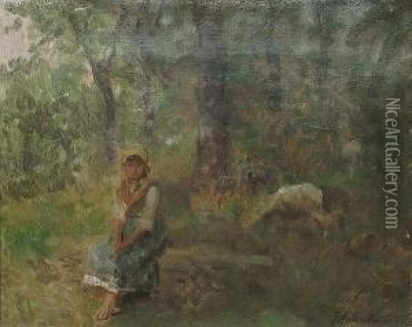 Young Girl Seated In A Wooded Landscape Oil Painting - Federico Andreotti