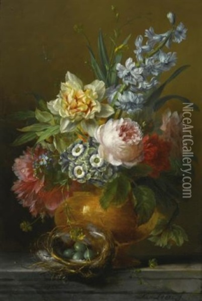 A Still Life With Roses, Hyacinths, Auricula, Pink Peonies, Forget-me-nots And Buttercups In A Stone Vase, On A Stone Ledge Together With A Dunnock's Nest And A Dragonfly Oil Painting - Willem van Leen