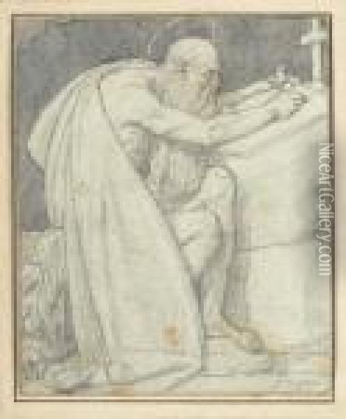 Saint Jerome Assis Ecrivant La Vulgate, Son Lion A Ses Cotes Oil Painting - Jean Auguste Dominique Ingres