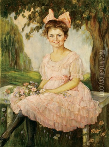Portrait Of A Young Girl In Pink Dress Holding Flowers Oil Painting - Friedrich Emil Klein
