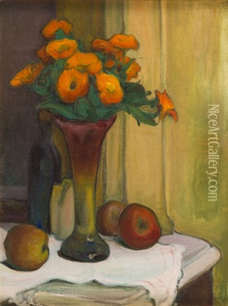 Still Life With Flowers In A Vase Oil Painting - Wladyslaw Slewinski