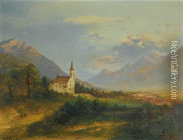 The New Parish Church In Schaan Oil Painting - Adolf Obermuellner