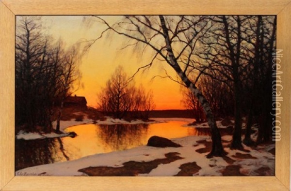 Winter Landscape Scene With Trees, River And House Oil Painting - Edvard Rosenberg