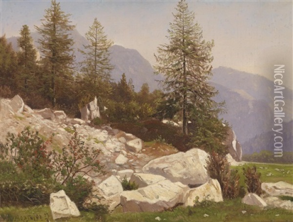 Landschaftsstuck (+ Fluslandschaft Im Gebirge; 2 Works) Oil Painting - Michael Haubtmann