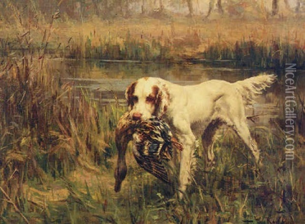 A Setter Retrieving A Duck Oil Painting - Percival Leonard Rosseau